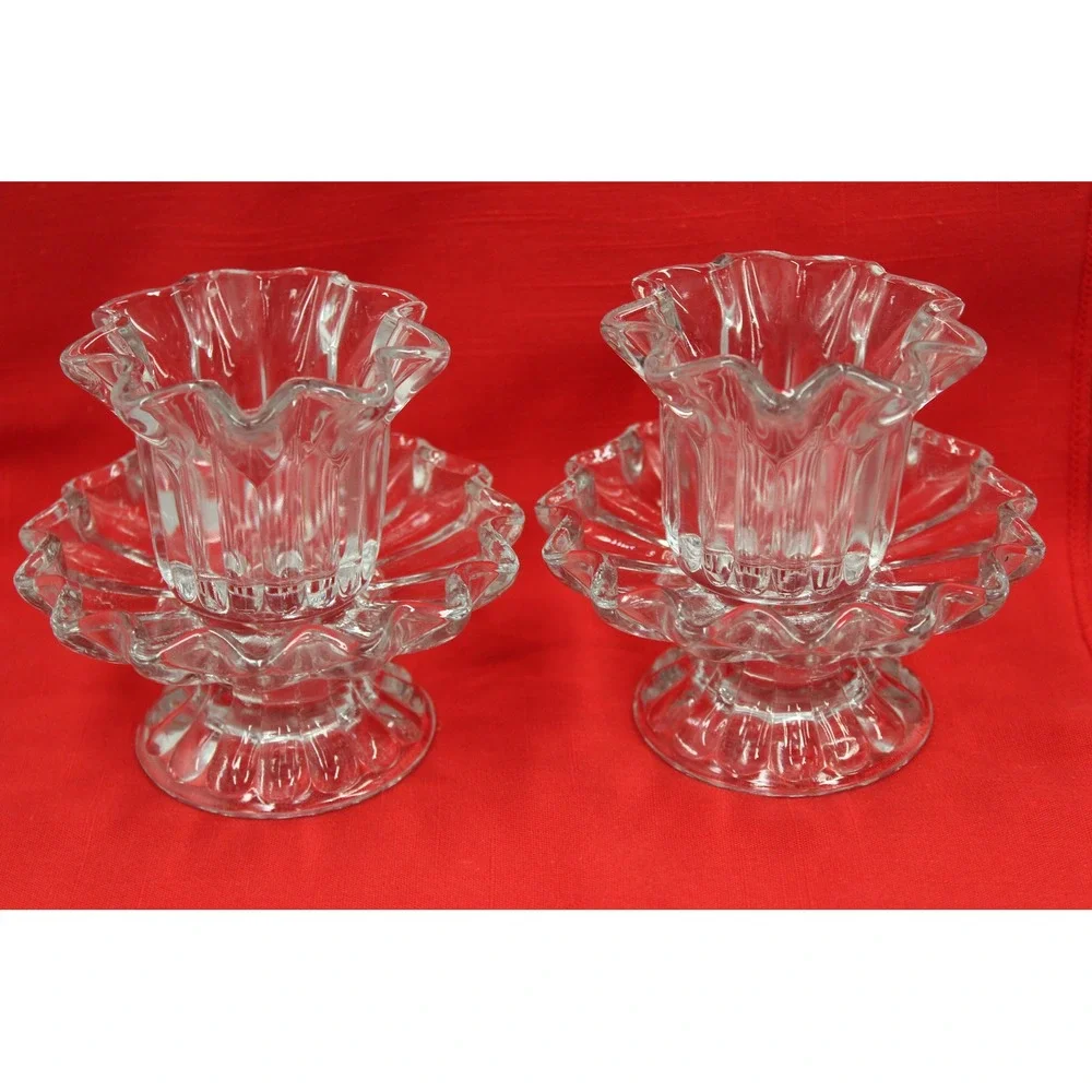 PartyLite Candle Holder Clear Chantilly Pair P0315 Votive Taper Glass Set of 2